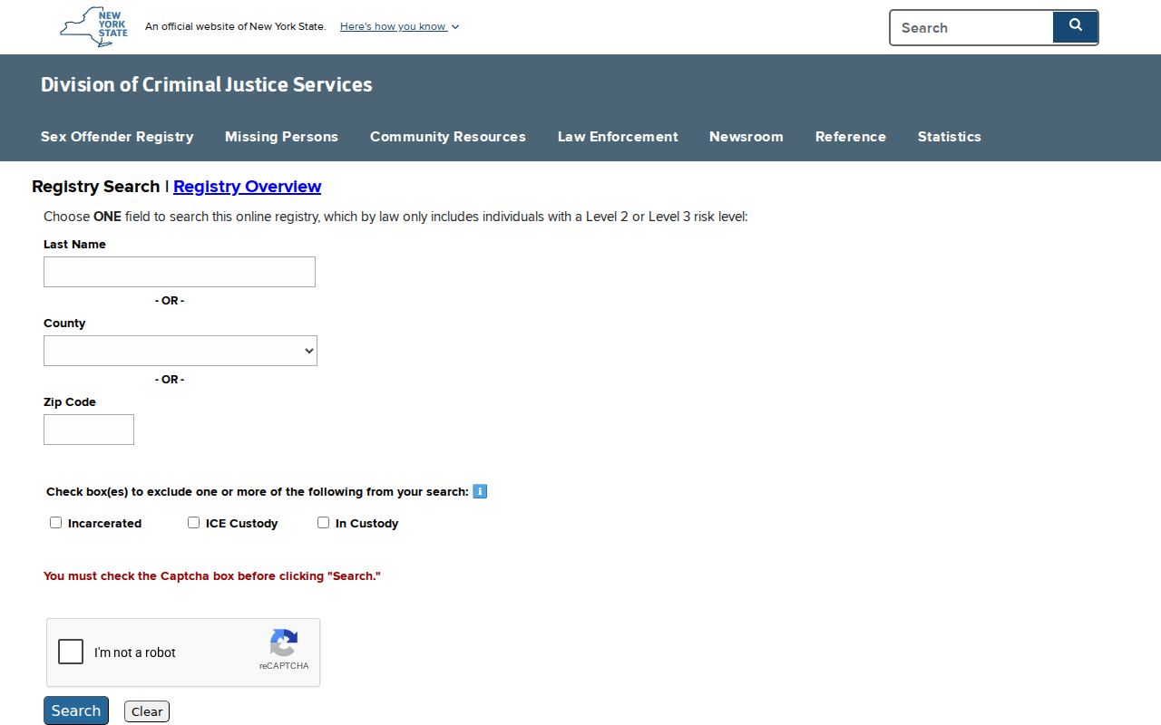 Tompkins County sex offender lookup on the New York registry search